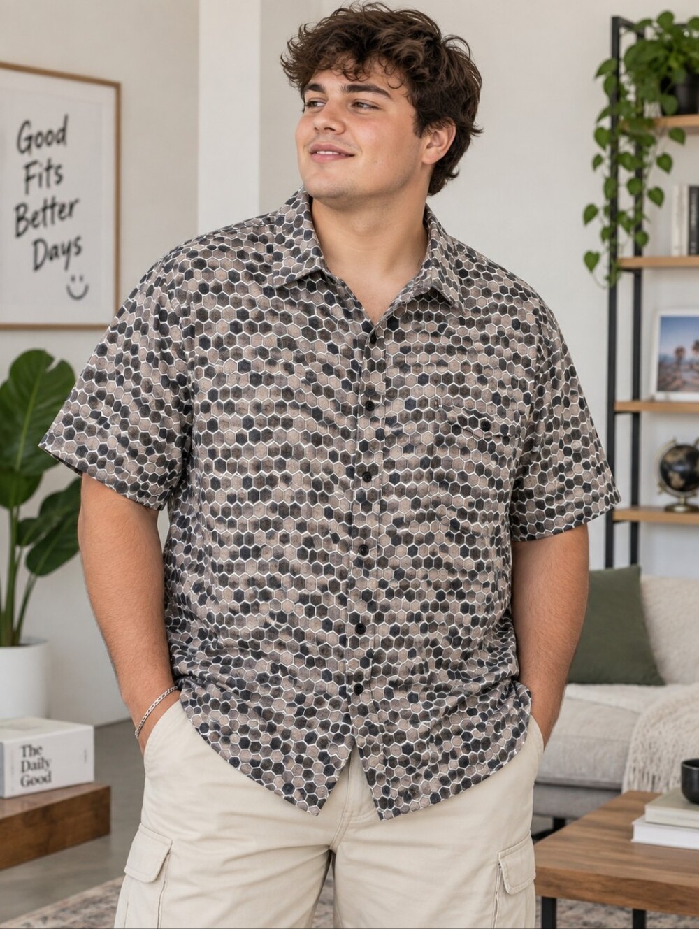 Platinum Mode men’s short sleeve button-up shirt Honeycomb Pattern XL Brown Tan